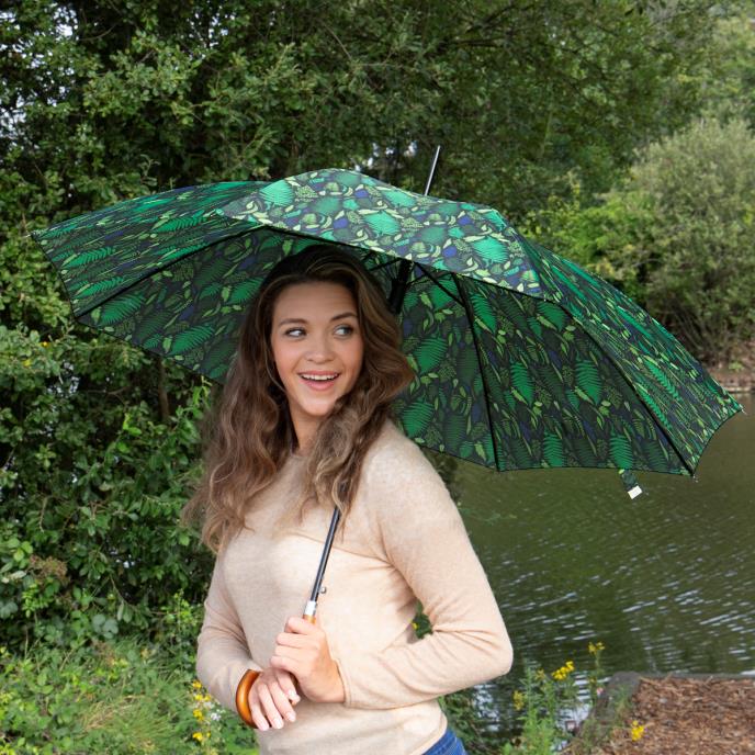 totes® Auto Open Walker Wood Handle Fern Print Umbrella 