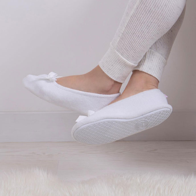 Isotoner Ladies Terry Ballerina Slippers White