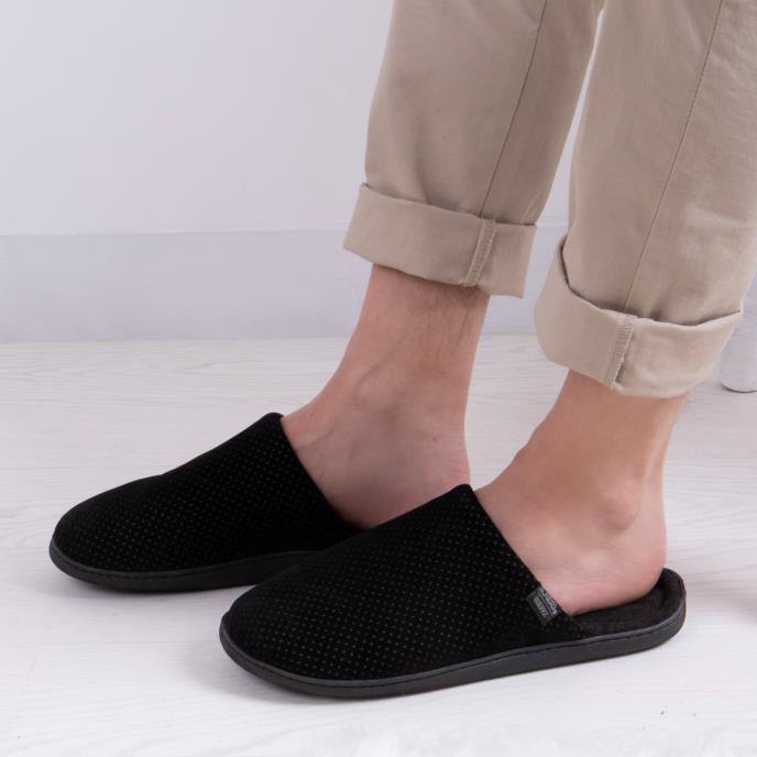 Isotoner Mens Perforated Suedette Mule Slipper Black