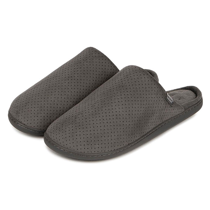 Isotoner Mens Perforated Suedette Mule Slippers Grey