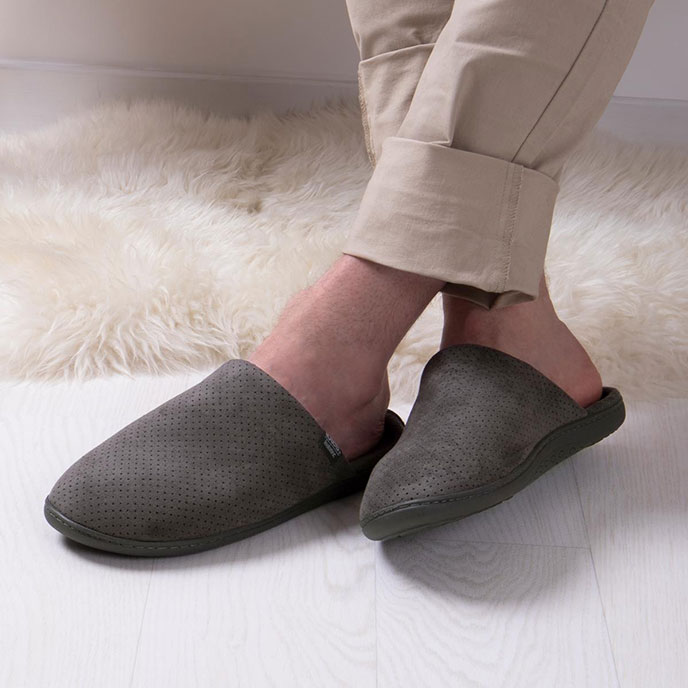 Isotoner Mens Perforated Suedette Mule Slippers Grey