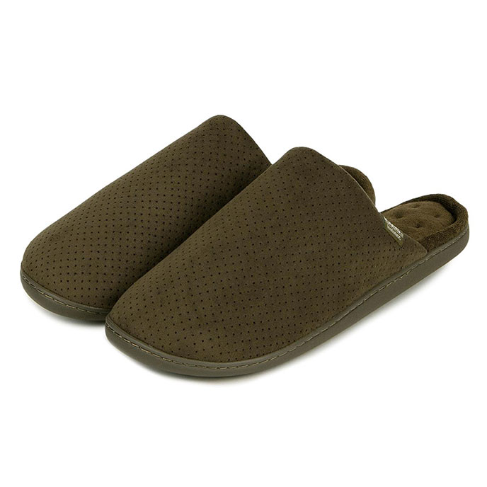 Isotoner Mens Perforated Suedette Mule Slippers Khaki