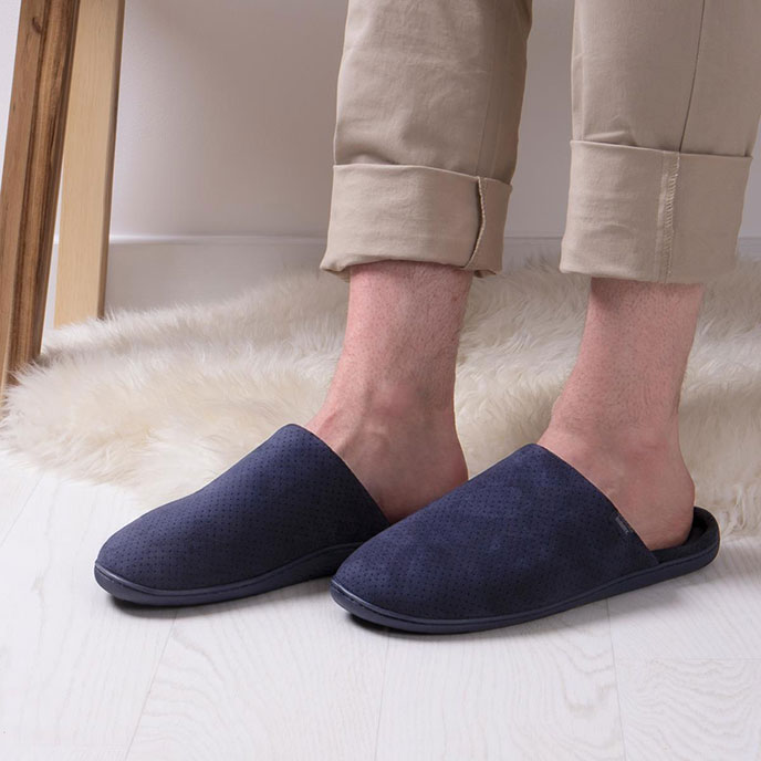 Isotoner Mens Perforated Suedette Mule Slippers Navy