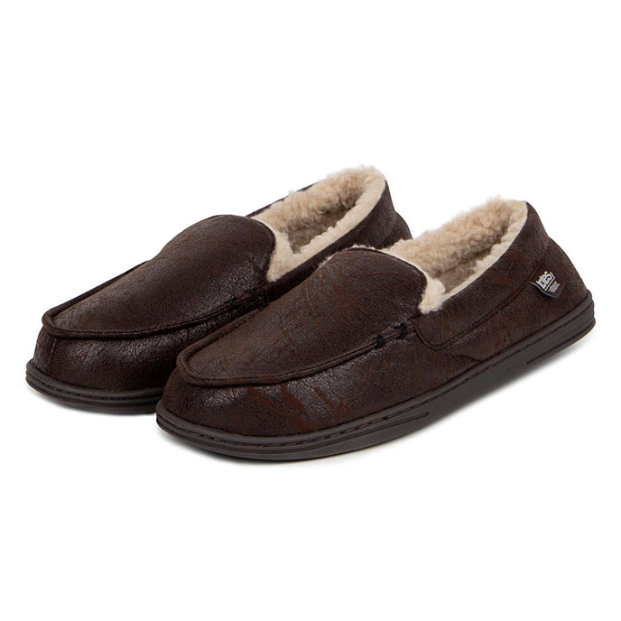 Isotoner Mens Distressed Moccasin With Check Sock Slipper Brown