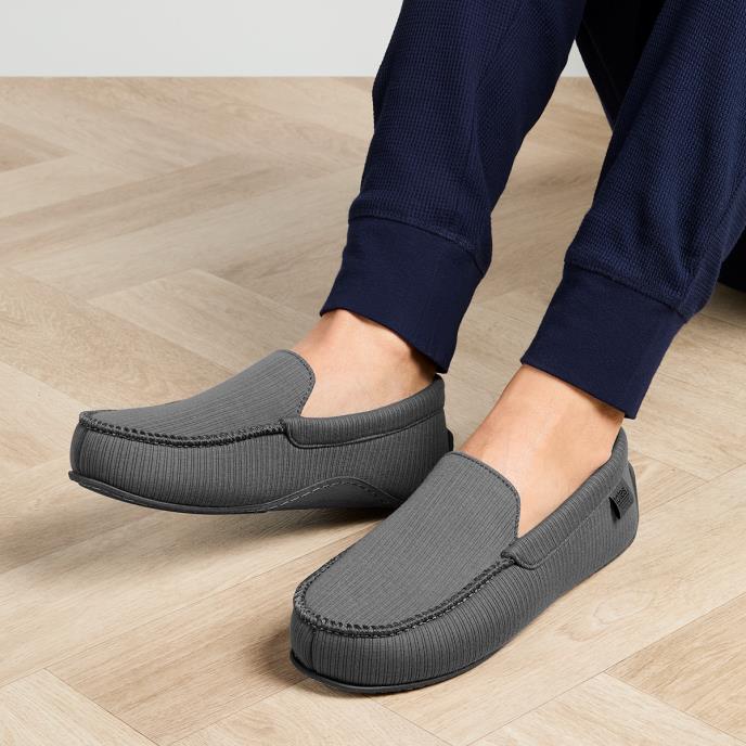 Isotoner® Mens Ribbed Moccasin Slipper With Patterned In Sock Grey