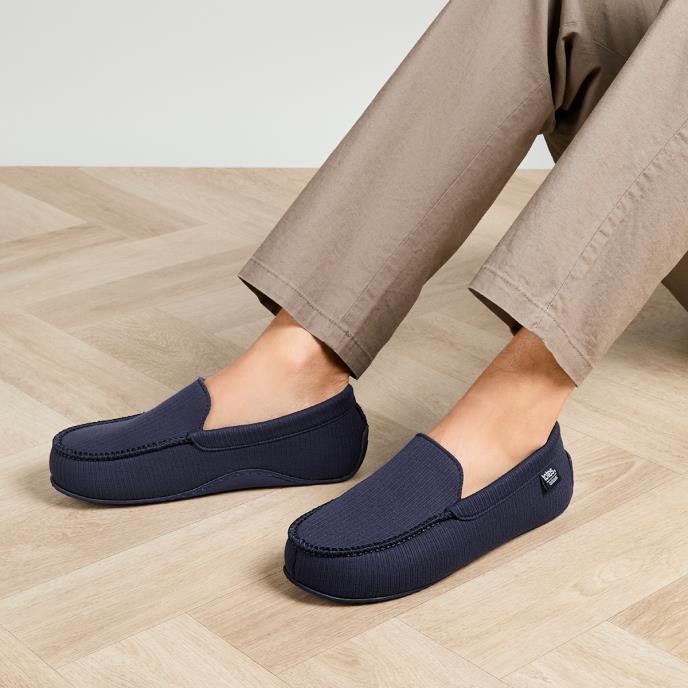 Isotoner® Mens Ribbed Moccasin Slipper With Patterned In Sock Navy
