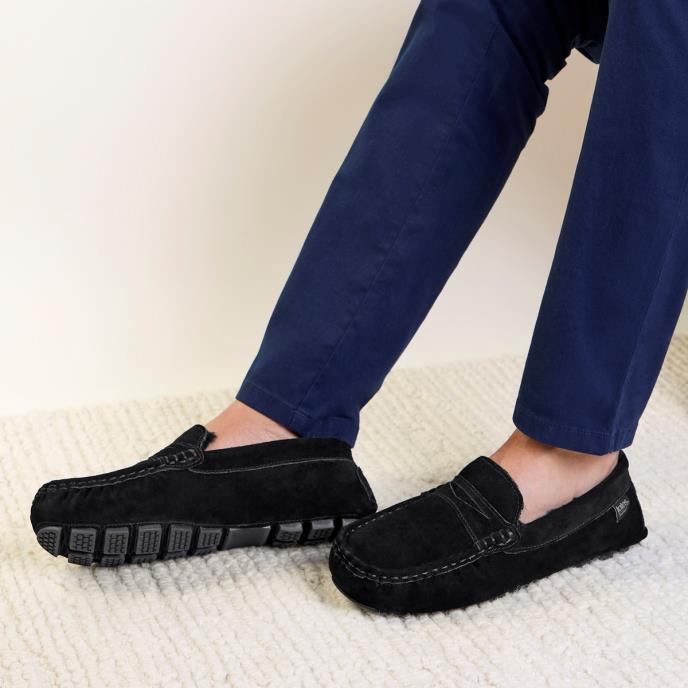 Isotoner® Mens Fur Lined Suede Moccasin Slipper Black