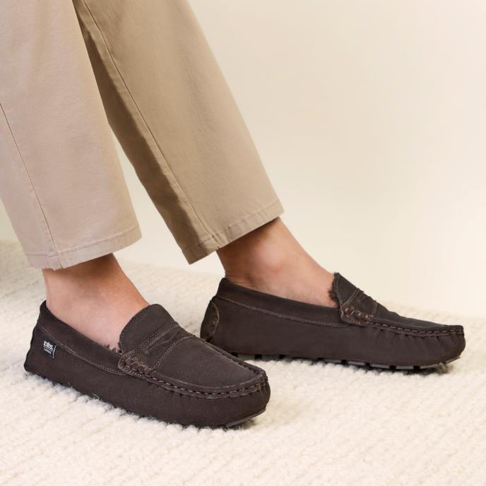 Isotoner® Mens Fur Lined Suede Moccasin Slipper Brown